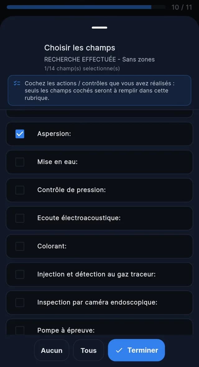 Rapport de recherche de fuite sur smartphone : choix des contrôles réalisés