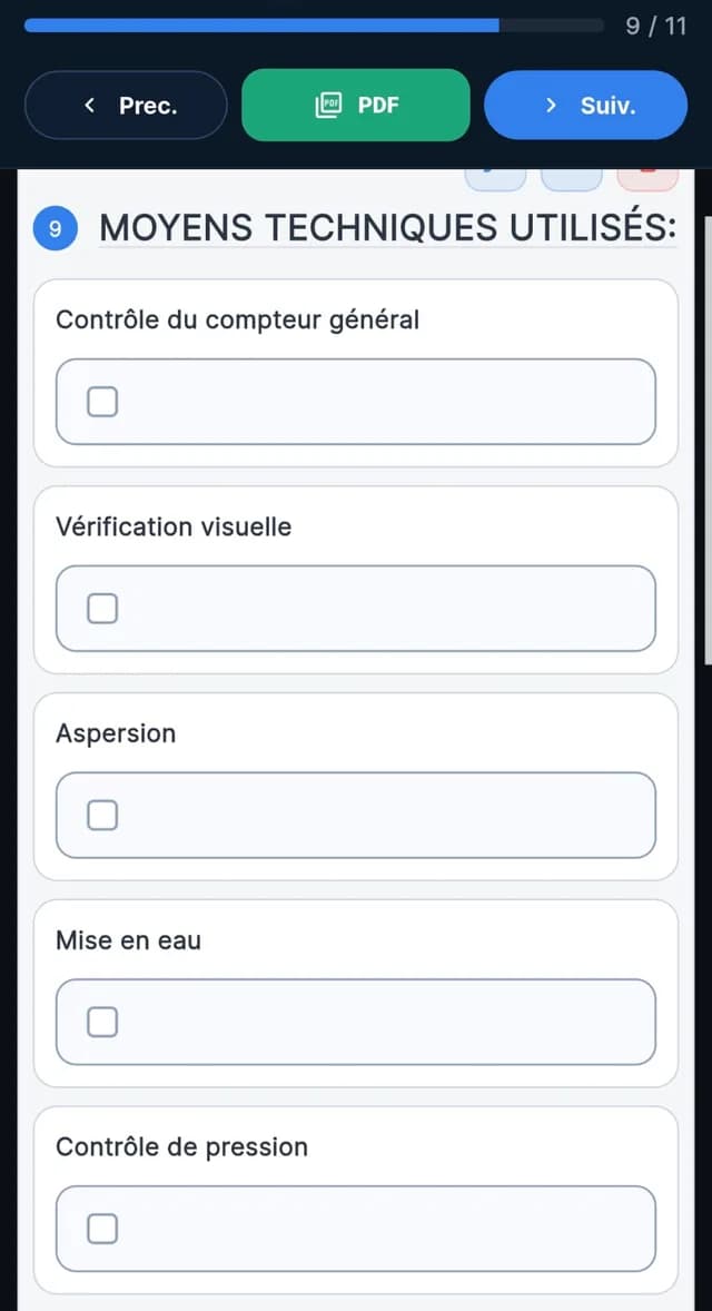 Rapport d'intervention sur mobile : tableau à cocher des moyens techniques