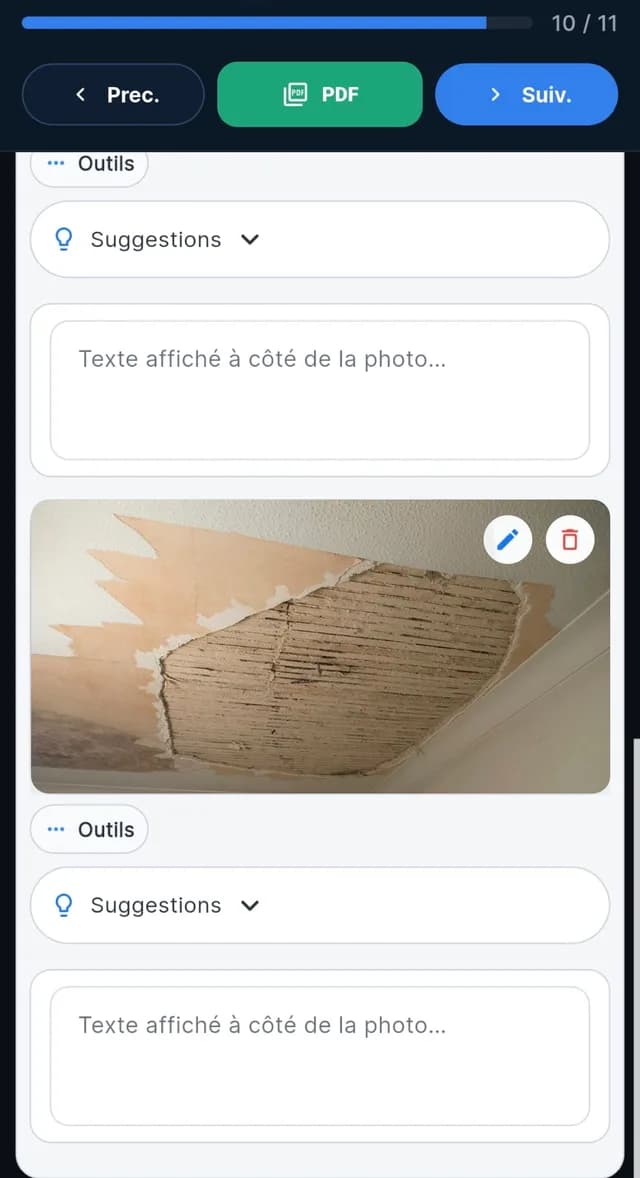 Photo d'un plafond sinistré intégrée directement dans le rapport