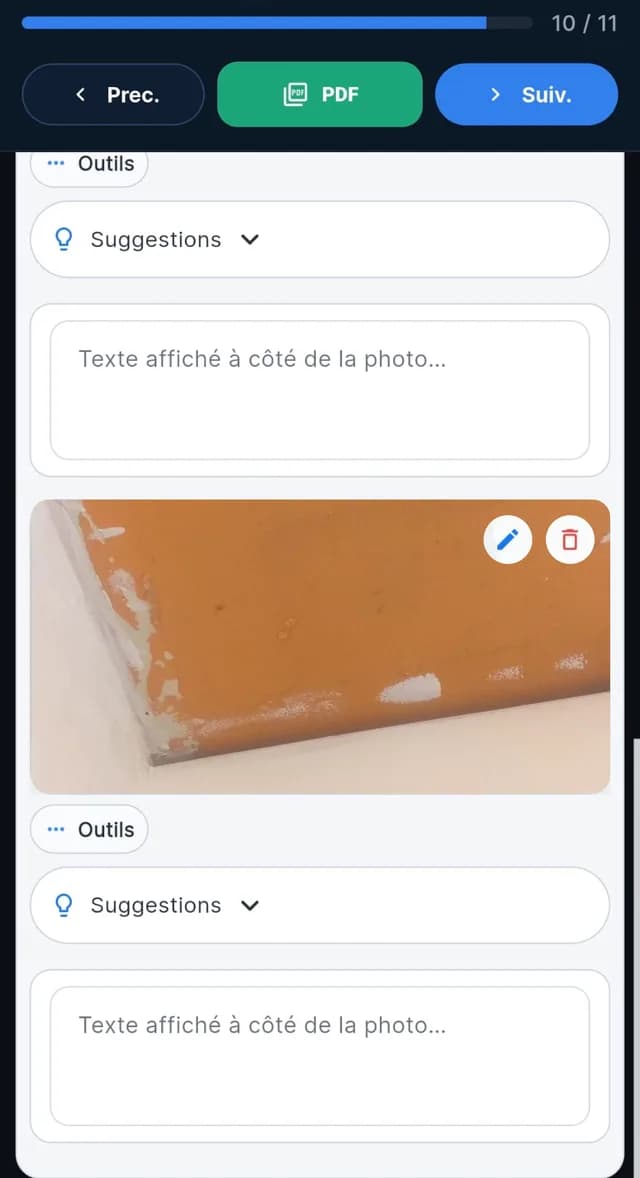 Photo d'un dégât des eaux intégrée directement dans le rapport d'intervention