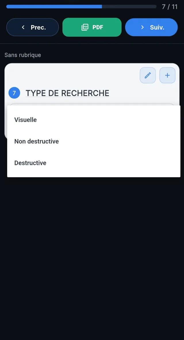 Application de rapport de recherche de fuite : choix du type de recherche