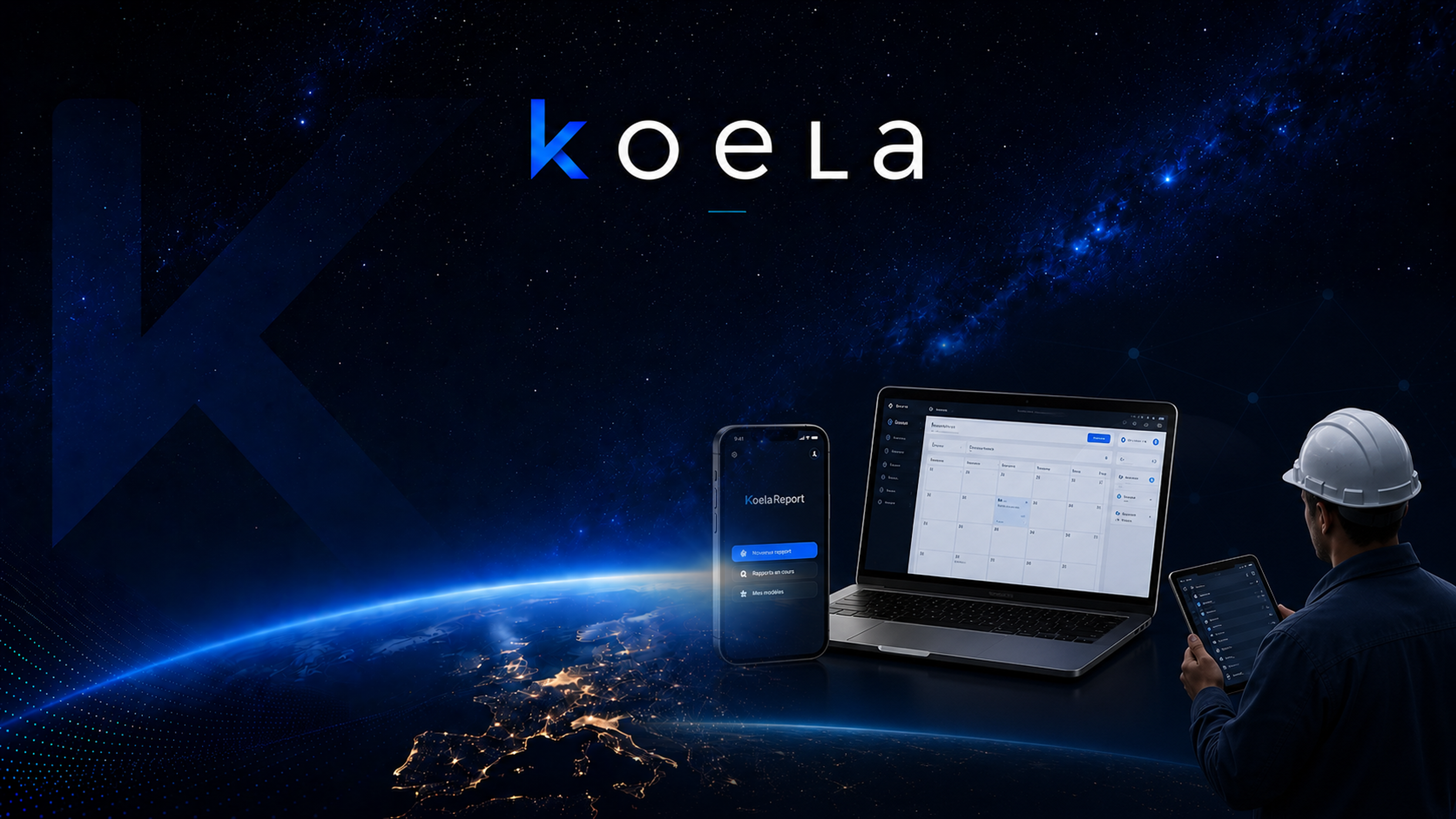 Fond Koela avec téléphone, ordinateur et opérateur terrain connecté